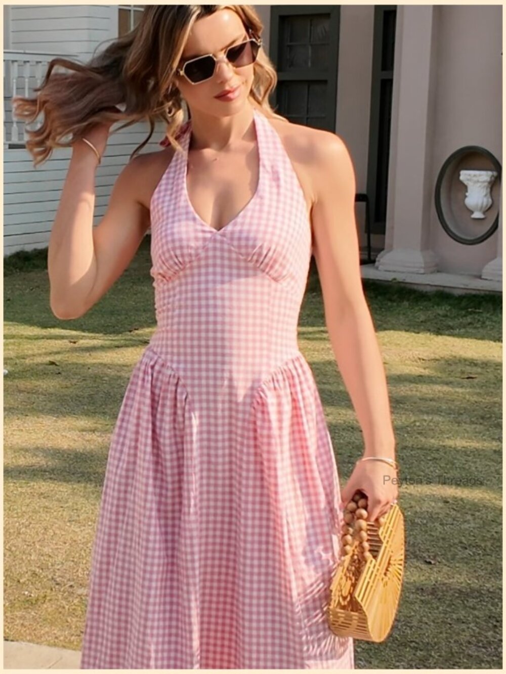 Halter V Neck Corset Maxi Dress Plaid Smocked Tie Back Backless Drop Waist - Picture 7 of 7